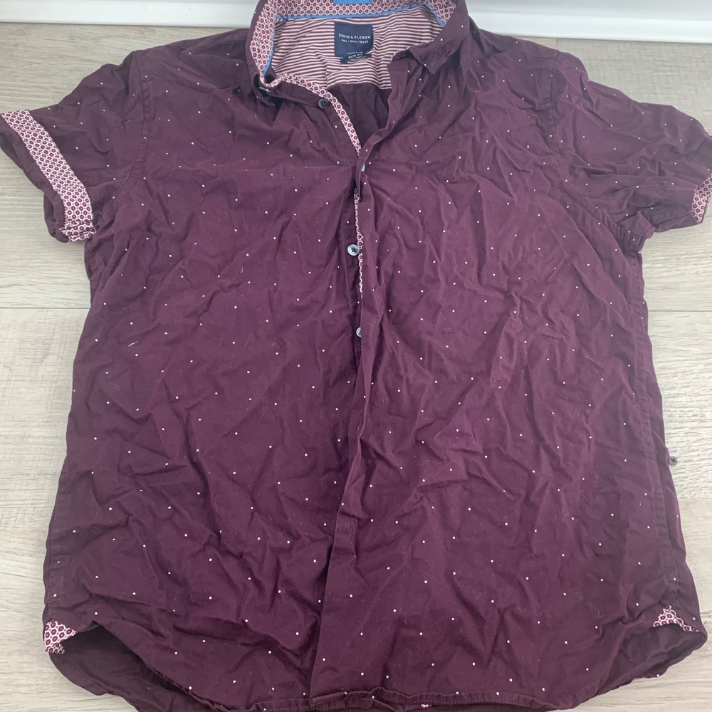 Denim & Flower Ricky Singh Mens Large Slim Fit Burgundy Polka Dot Button Down